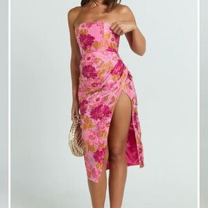 Showpo Pink Floral Strapless Midi Dress with Side Slit